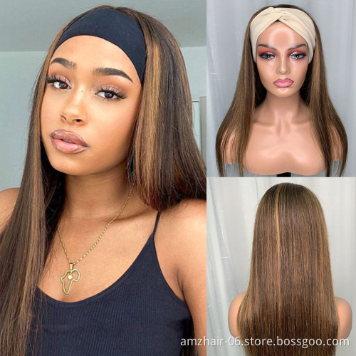 Peruvian Glueless Highlight 1b Honey Brown Color Straight Human Hair Machine Made None Lace Front Headband Wigs For Black Women